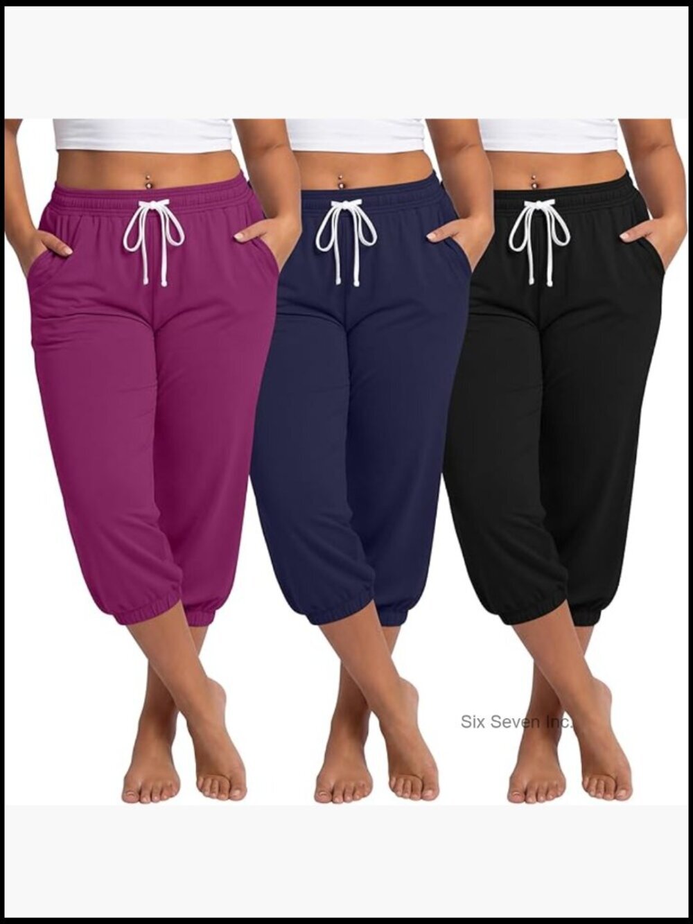 Plus Size Cotton Capri Sweatpants Joggers with Pockets Drawstring Waist 3 Pack